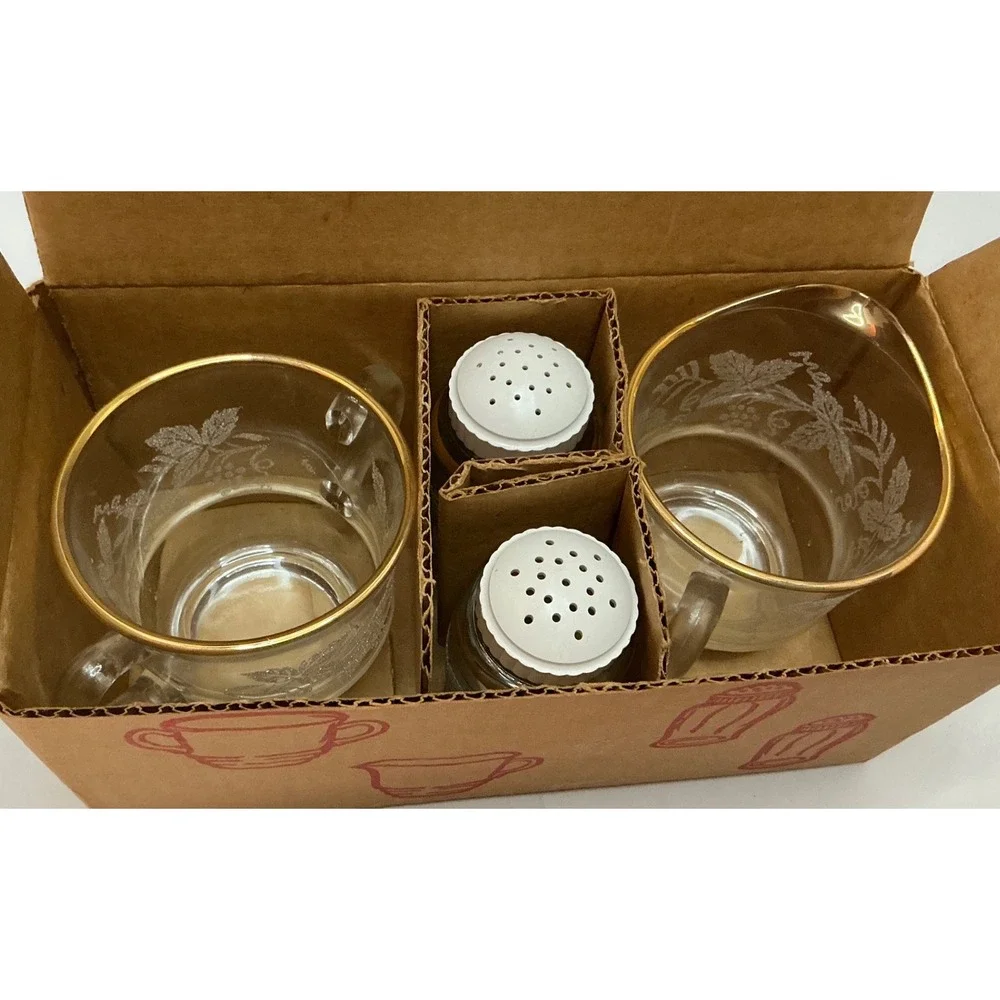 Bartlett Collins Vintage 4pc Table Set Sugar Creamer Salt Pepper Gold Trim Glass